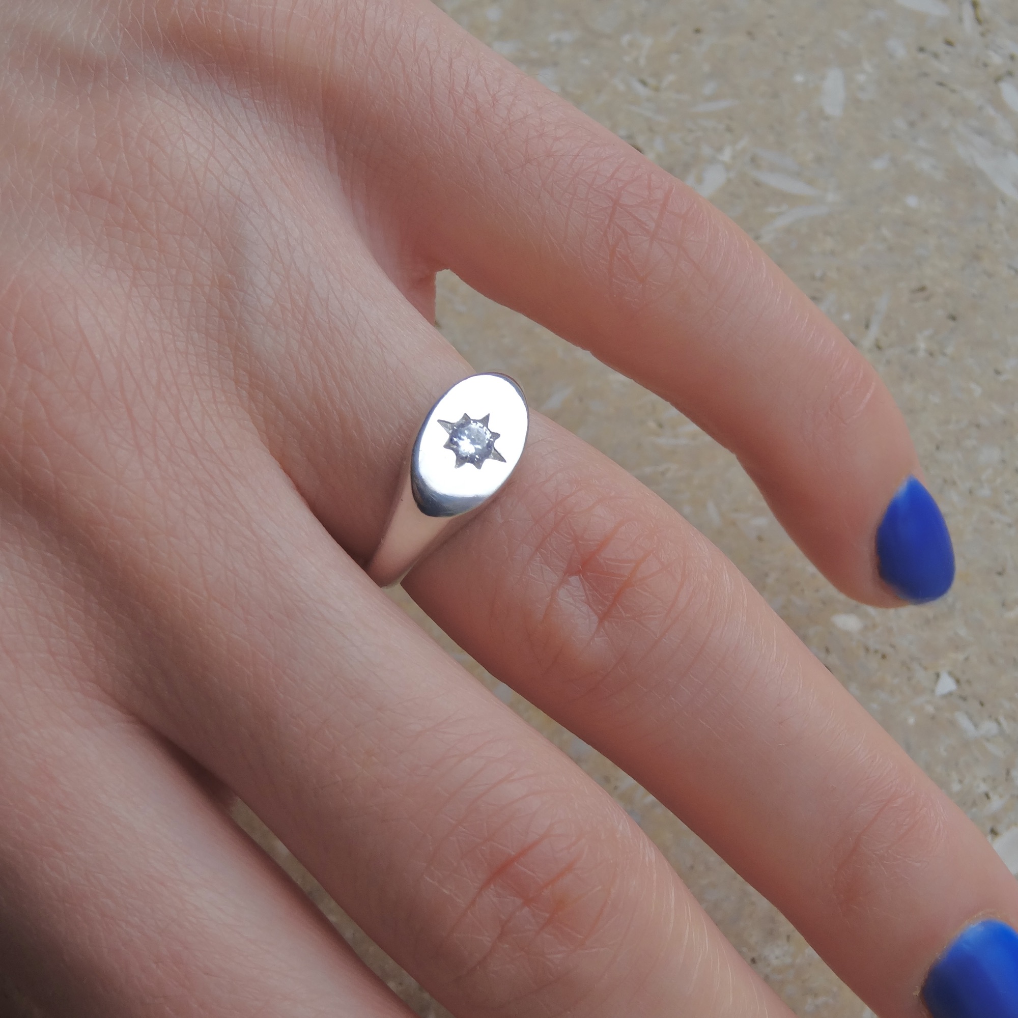 Signet Ring Sterling Silver 925 Dainty Ring North Star Polaris Starburst Ring Oval Shape CZ Gemstone Adjustable Size Minimalistic Jewelry - Image 4