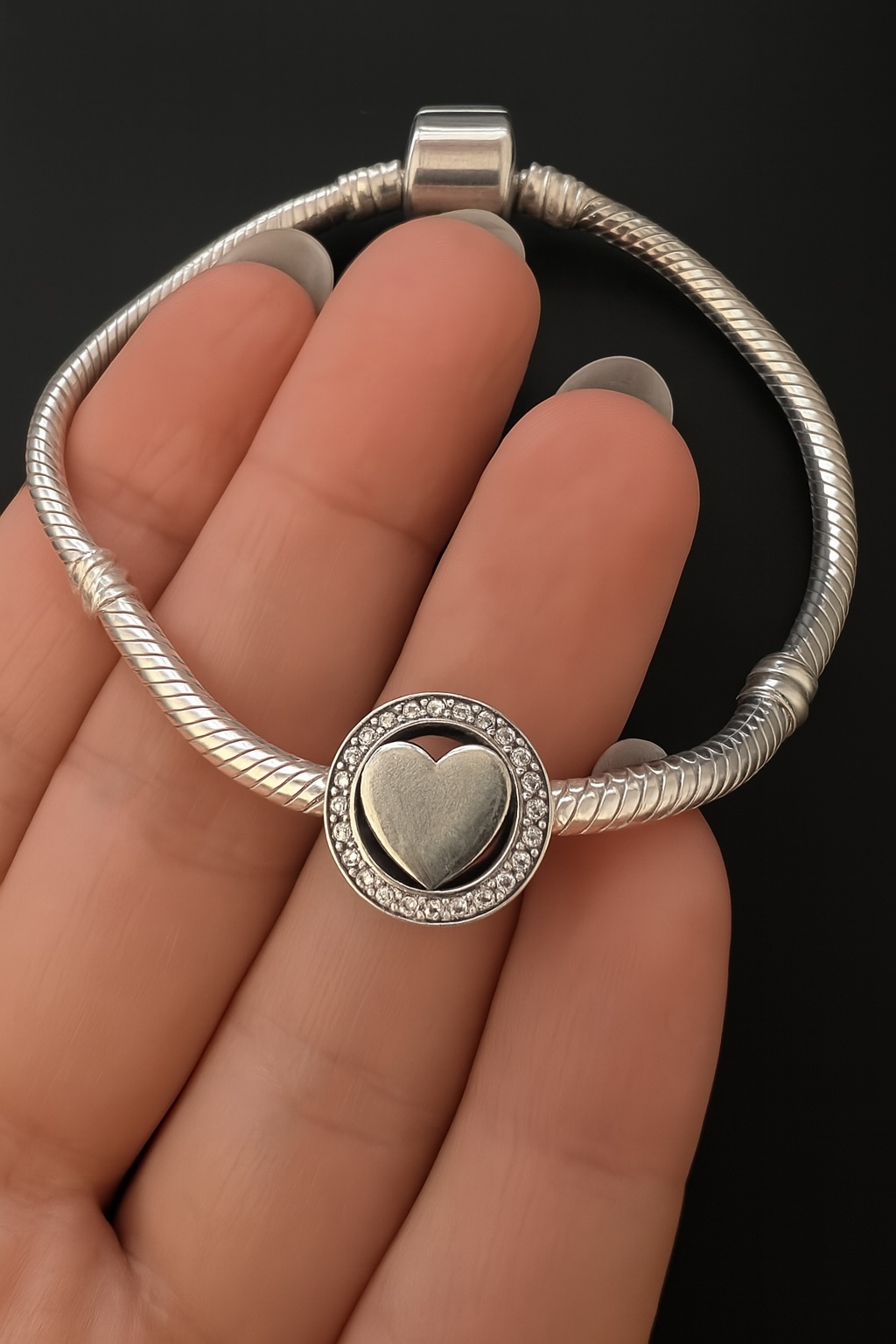 Sterling Silver 925 Heart Bracelet Charm Sparkling CZ Halo Love Romantic Bead Bracelet Accessory - Image 2