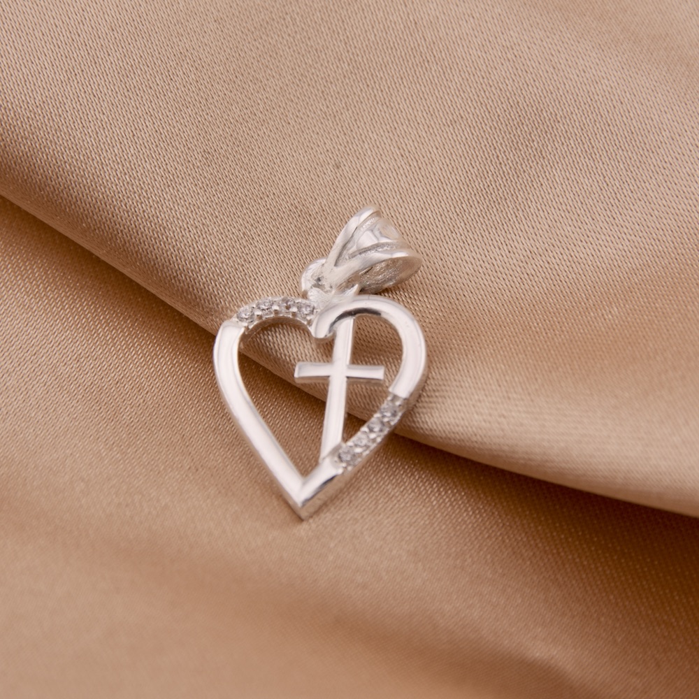 Sacred Heart Cross Pendant Sterling Silver 925 Necklace Charm White Gemstones Zircon Religious Spiritual Gift Present Handcrafted Jewelry - Image 2