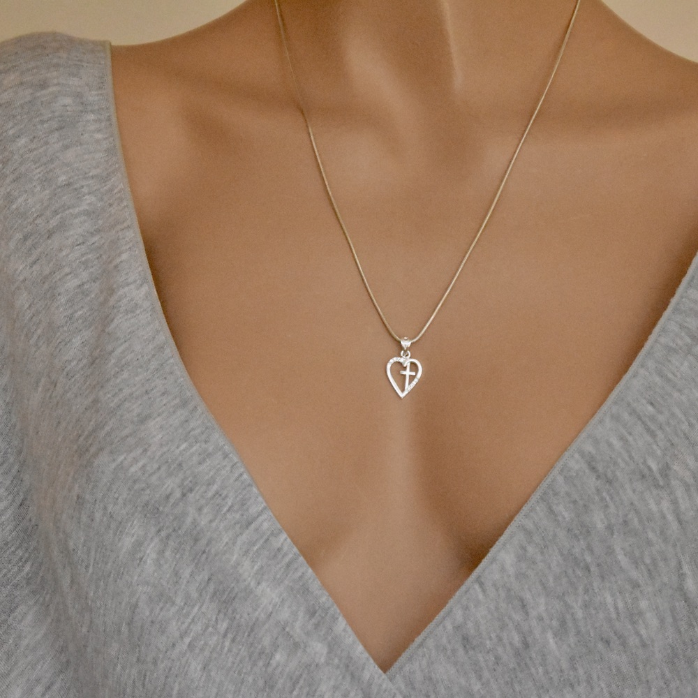 Sacred Heart Cross Pendant Sterling Silver 925 Necklace Charm White Gemstones Zircon Religious Spiritual Gift Present Handcrafted Jewelry - Image 3