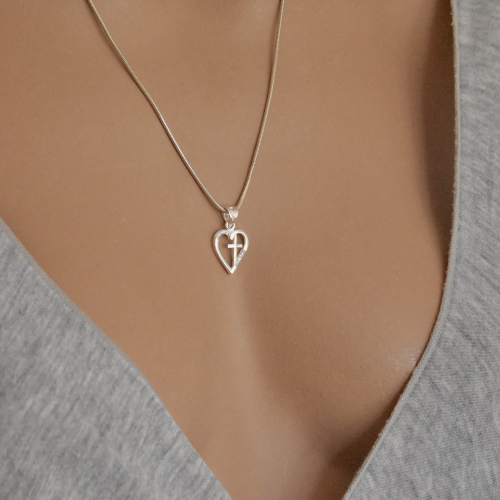 Sacred Heart Cross Pendant Sterling Silver 925 Necklace Charm White Gemstones Zircon Religious Spiritual Gift Present Handcrafted Jewelry - Image 4