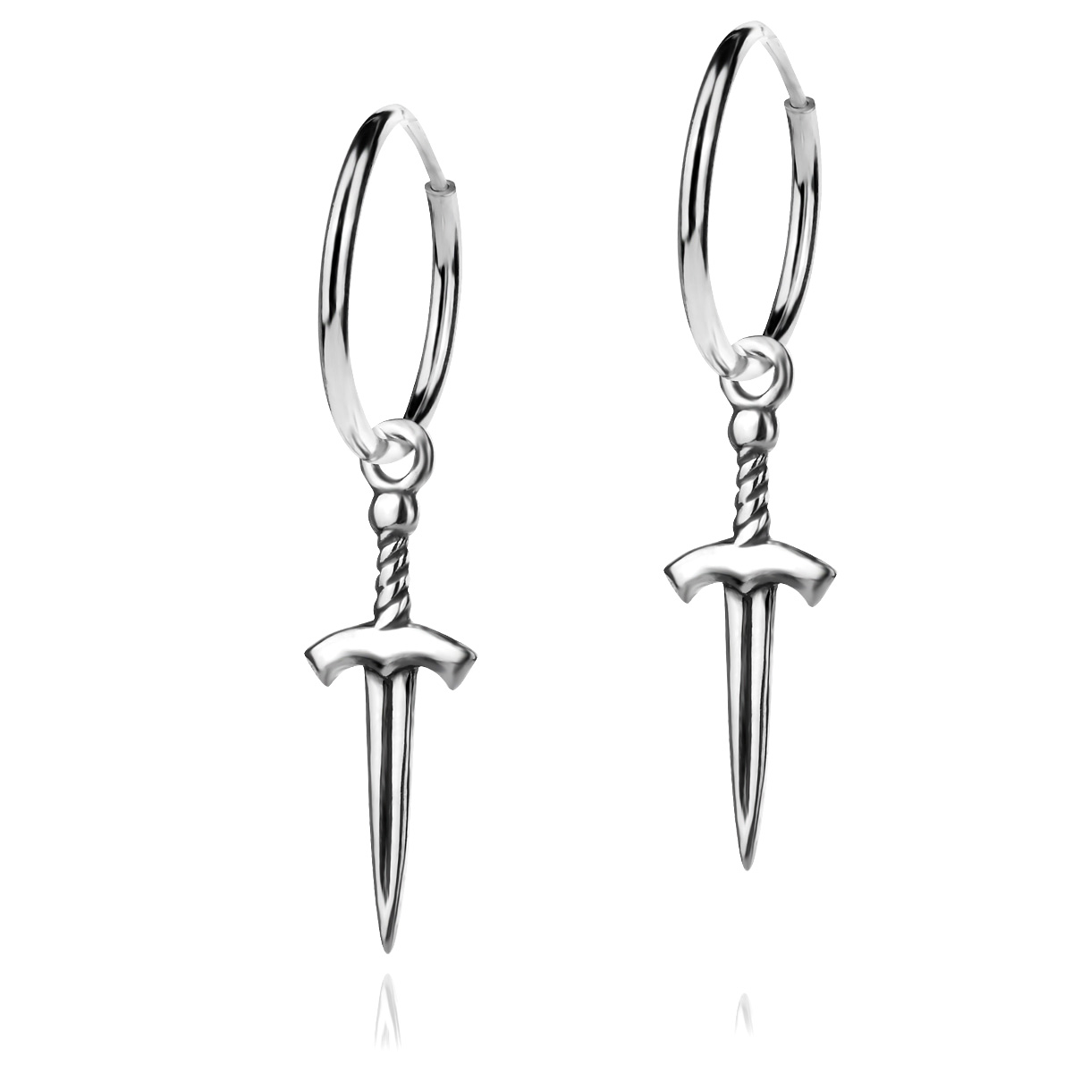 Sword Earrings Sterling Silver .925 Dagger Endless Wire Sleeper Hoops Pair 1,5cm 15mm Mini Round Minimalist Unisex Everyday Gift Present