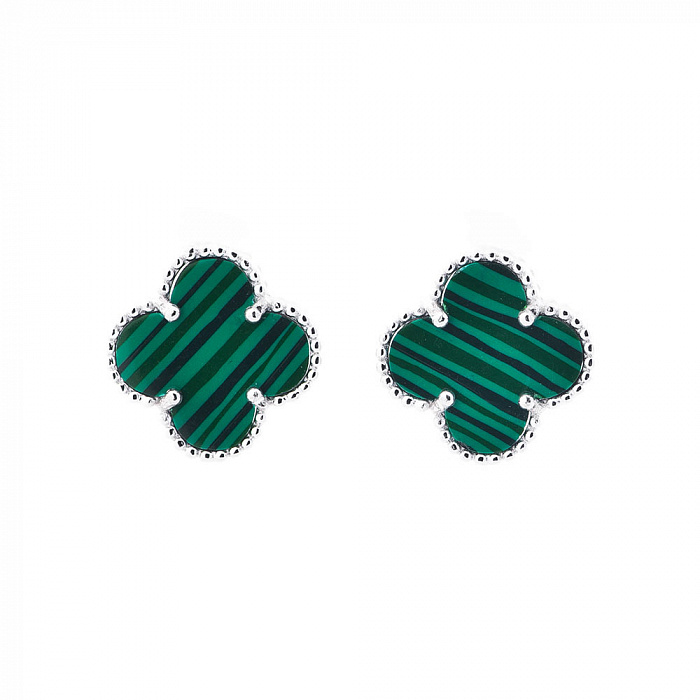 Silver clover earrings with malachite