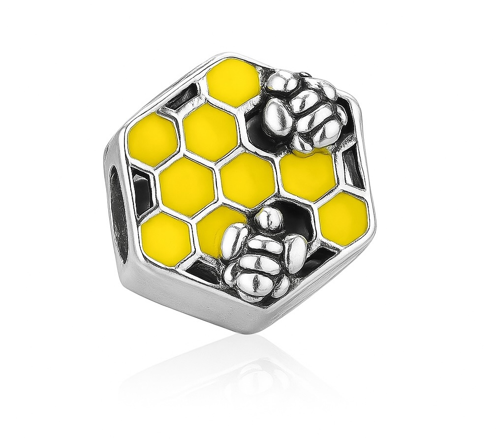 Sterling Silver 925 Bee Honeycomb Bracelet Charm Yellow Enamel Colourful Bead Accessory