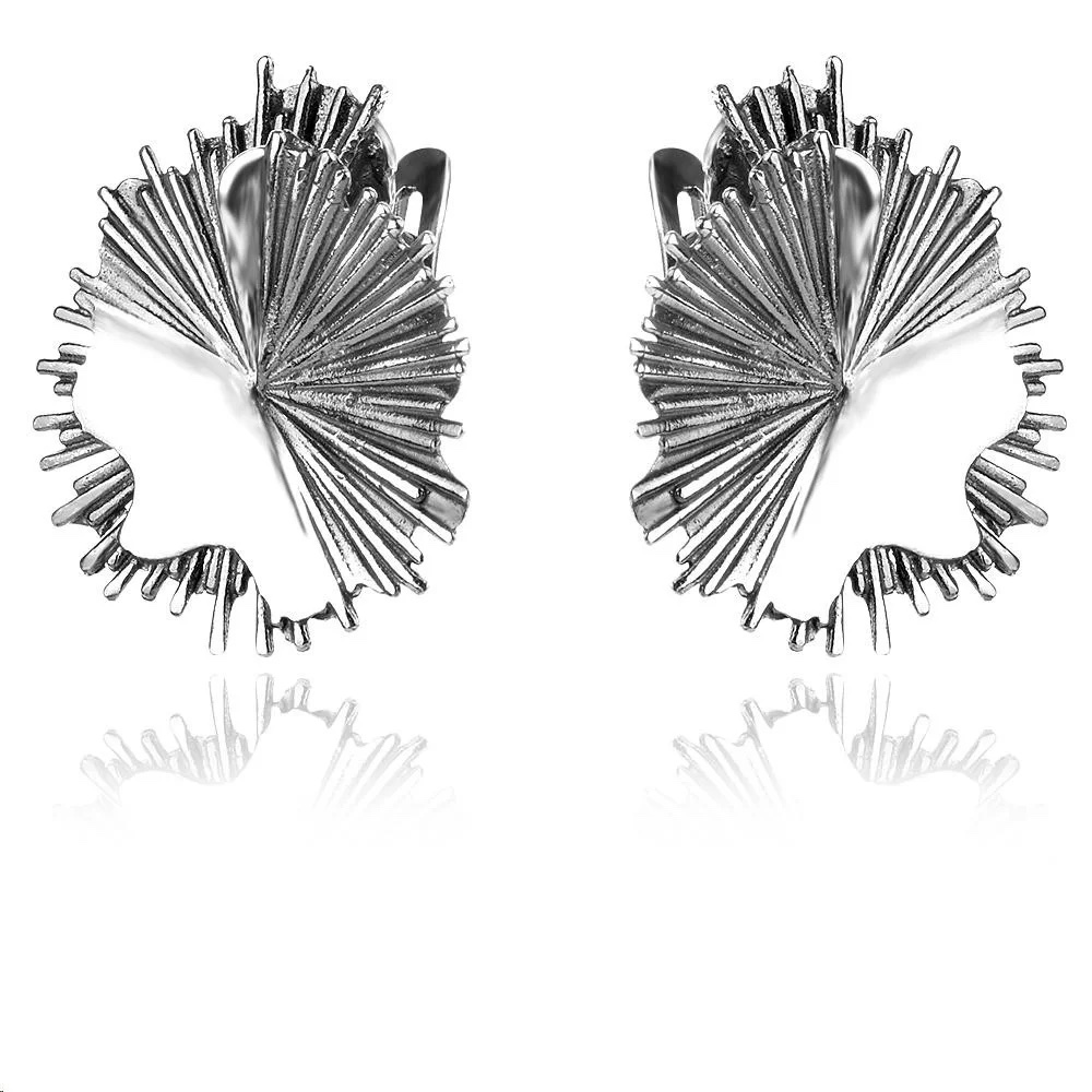 Futuristic Earrings Sterling Silver 925 Abstract Minimalist Design Round Sharp Rays Women Girl Gift Present