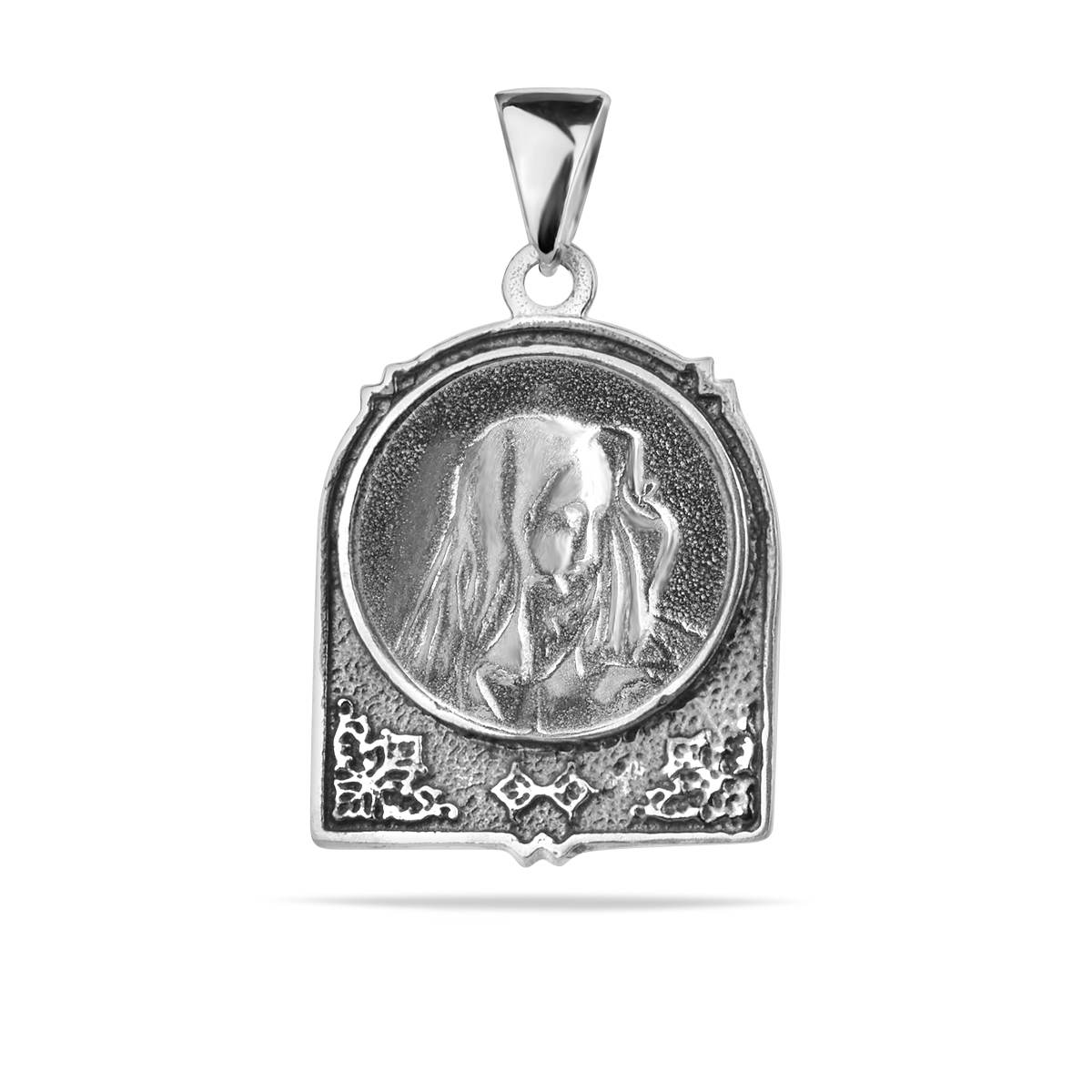 Sterling Silver 925 Half Round Virgin Mary Religious Oxidised Necklace Pendant