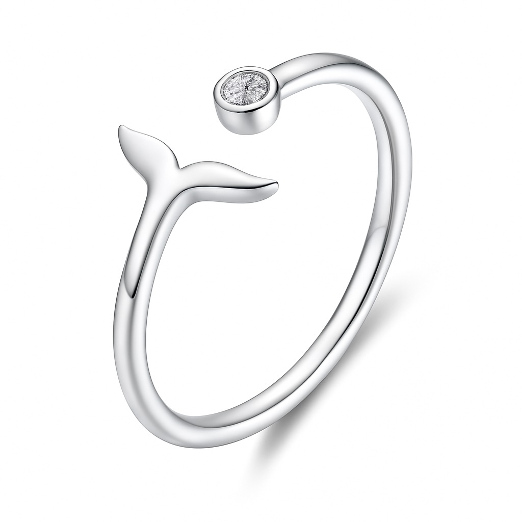 Mermaid Tail Ring Sterling Silver 925 CZ Gemstone Jewelry Adjustable Open Band Stacking Minimalist Ring