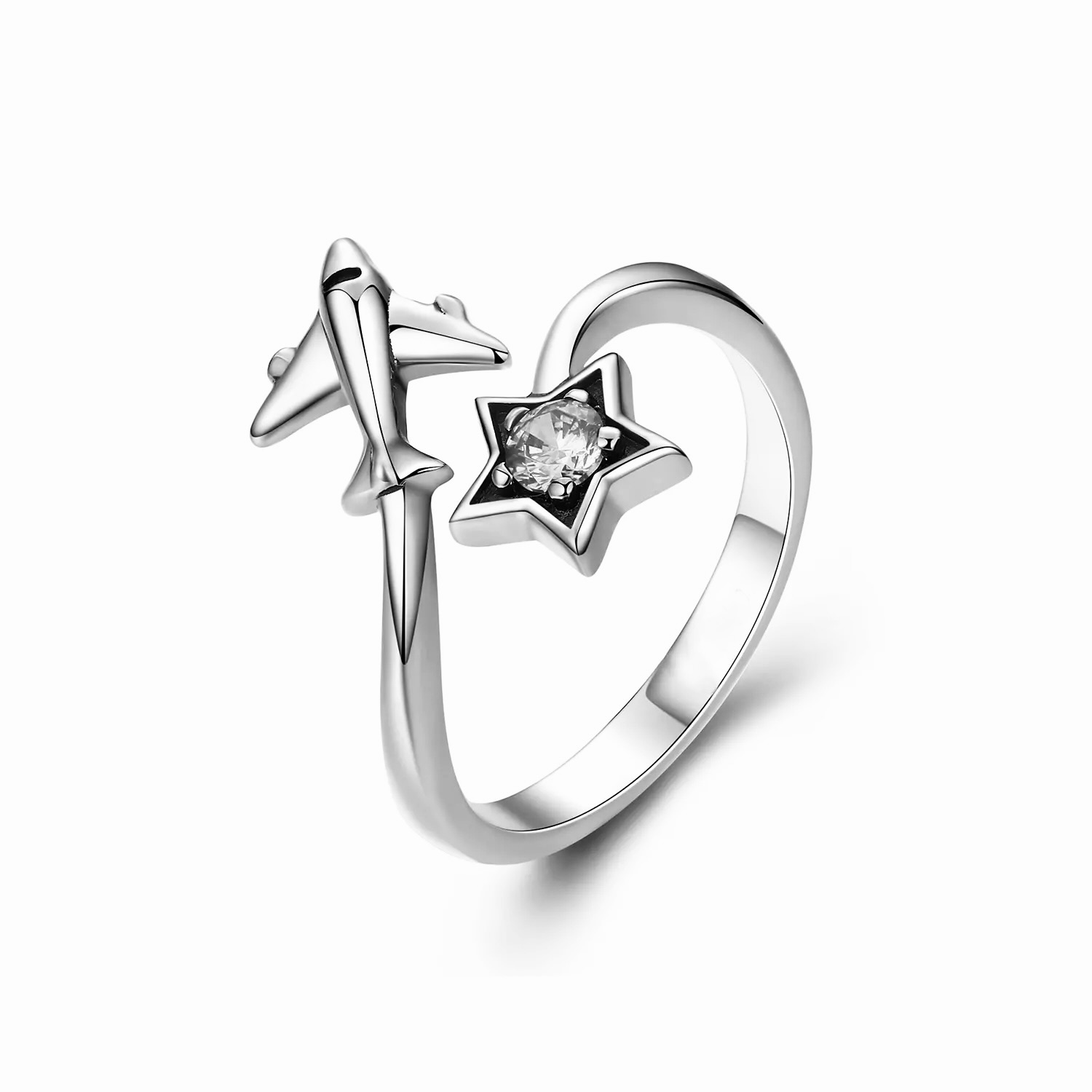 Airplane Adjustable Sterling Silver 925 Ring with Cubic Zirconia Star Shape White Gemstone Minimalist Travel Aviation Lovers Jewelry