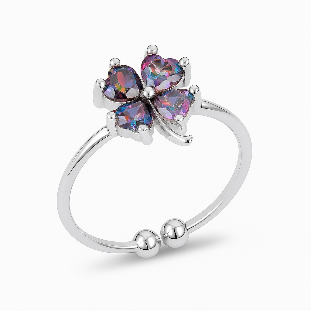 Sterling Silver 925 Four Leaf Clover Ring Adjustable Rainbow Topaz Lucky Ring Good Luck Jewellery Gift for Her