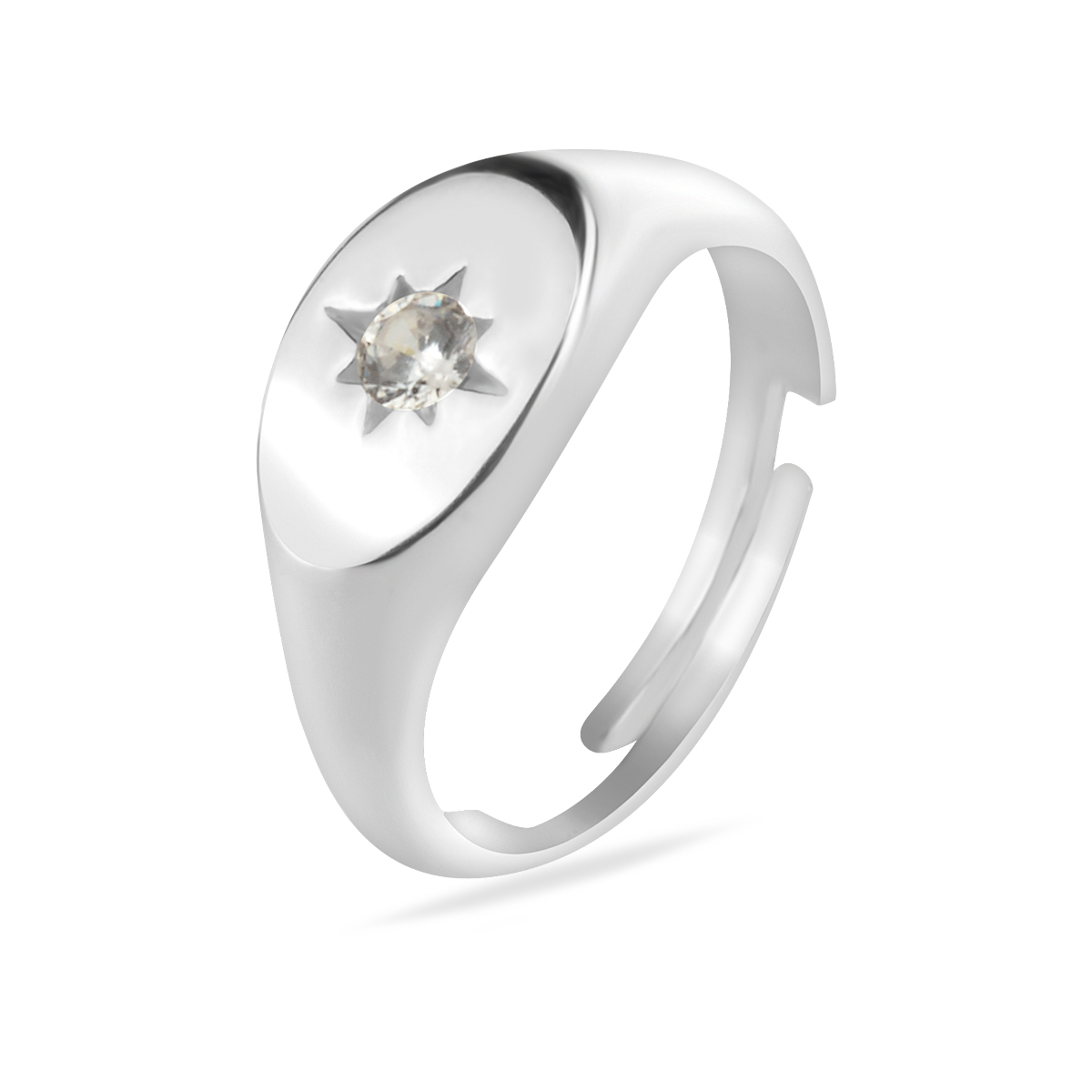 Signet Ring Sterling Silver 925 Dainty Ring North Star Polaris Starburst Ring Oval Shape CZ Gemstone Adjustable Size Minimalistic Jewelry